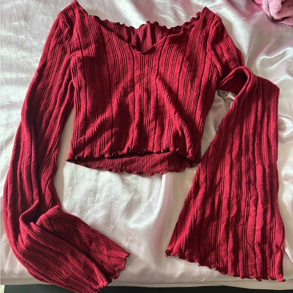 Women's Red Ribbed Long Sleeve Top